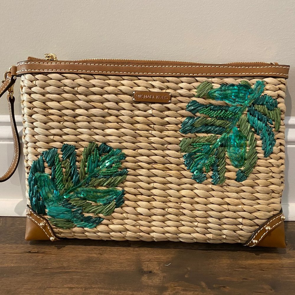 NEW Michael Kors Malibu Palm Emb. Straw Clutch